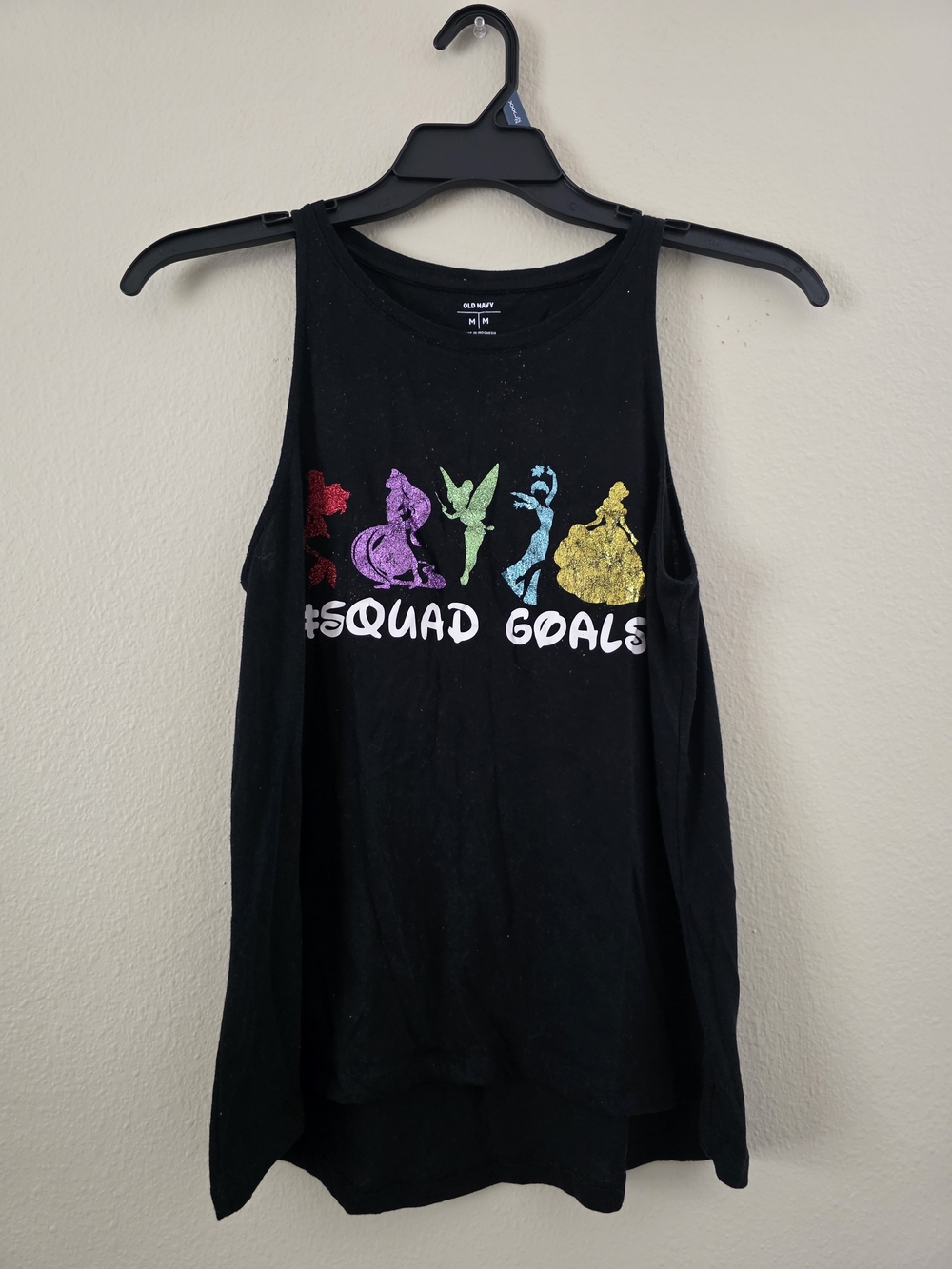 Old Navy Black Tank with Multicolor Glitter Princess Silhouettes